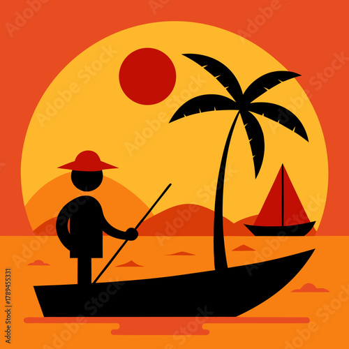Cartoon Fisherman Sailing on Nile River at Sunset