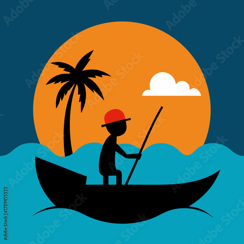 Cartoon Fisherman Sailing on Nile River at Sunset