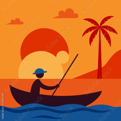 Cartoon Fisherman Sailing on Nile River at Sunset