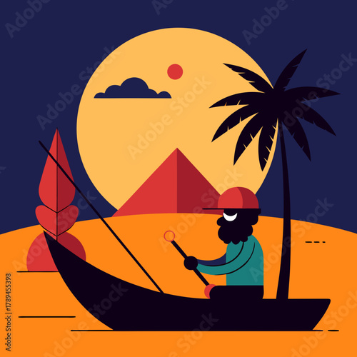 Cartoon Fisherman Sailing on Nile River at Sunset
