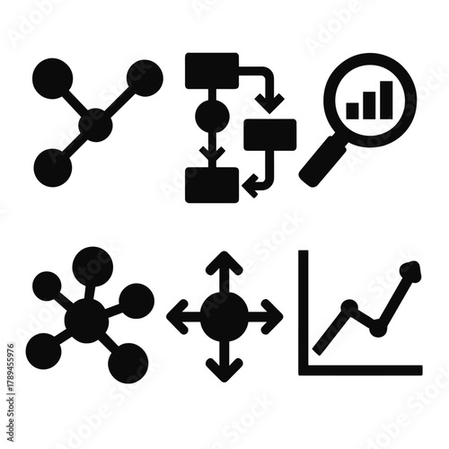 Brutalist Data Icons. Data Relationships silhouette icon set: connected dots, flowchart arrows, insight magnifier, cluster analysis, integration node, visualization chart.