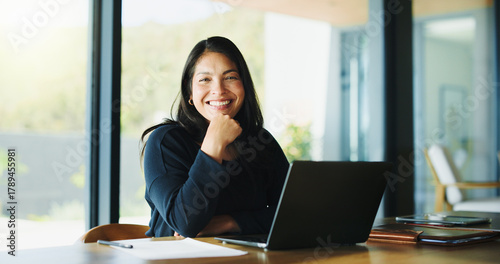 Laptop, portrait and research with business woman in office for real estate broker, property listing and planning. Escrow account closer, realtor proposal and project with person in agency for report