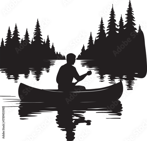 a person paddling a canoe on a calm lake with pine trees silhouette vector
