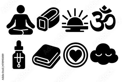 Wellness Icon Set. Wellness Routine silhouette icon set: seated pose, yoga strap, sunrise icon, mantra symbol, essential oil, soft towel, heart focus, relaxation cloud.