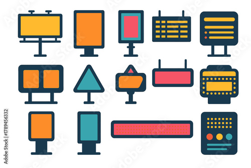 Modern Digital Displays. Public Display flat icons: billboard, street screen, poster frame, airport board, scoreboard, traffic sign, metro display, theater marquee, shop screen,
