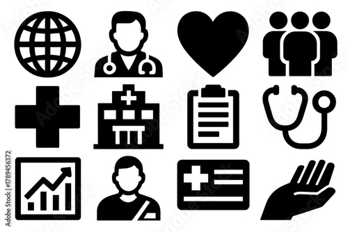 Brutalist Healthcare Icons. Universal Healthcare silhouette icon set: globe, doctor, heart, people group, cross symbol, hospital building, clipboard, stethoscope, data chart,