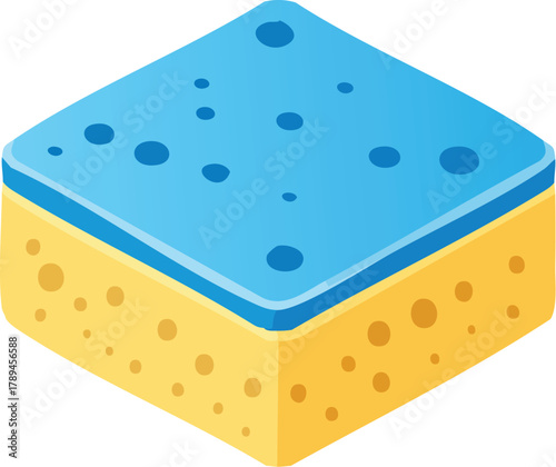 Isometric graphic illustration of a dual-layered cleaning sponge, featuring a vibrant blue scrubbing surface atop a porous yellow base, perfect for household chores and kitchen maintenance