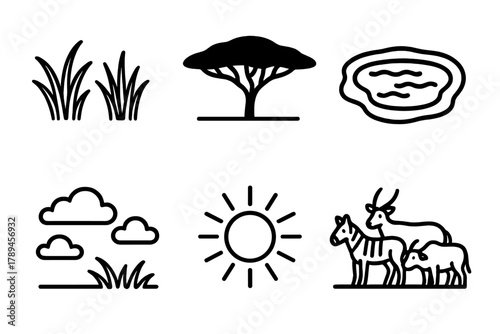 Savanna Icons. Savanna Ecosystem linear icon set: grassland plants, herd animals, watering hole, acacia silhouette, cloud sky, sunlight.