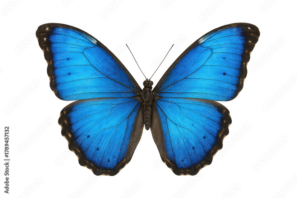 Obraz premium Blue morpho butterfly with bright iridescent wings spread beautifully against a transparent studio background