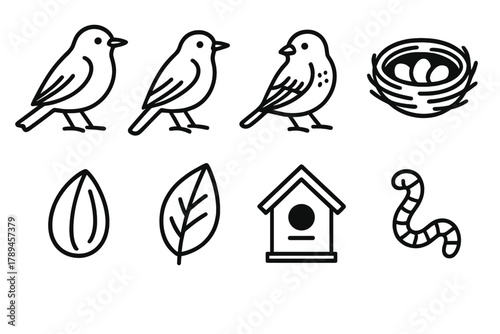 Garden Bird Icons. Garden Birds Icons linear icon set: robin, bluebird, finch, nest, seed, leaf, birdhouse, worm.