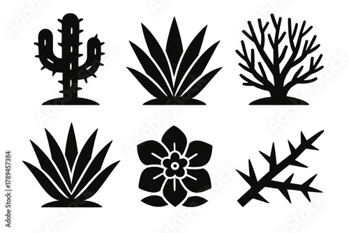 Brutalist Desert Icons. Desert Flora silhouette icon set: cactus, agave plant, dry bush, aloe, sand flower, thorn branch.