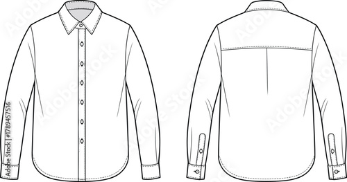 Technical flat sketch of button-up shirt with collar and long sleeves, detailed garment CAD clothing vector fashion template