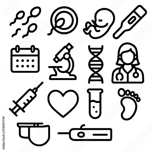Fertility Icons Collection. Fertility & Conception linear icon set: sperm, egg, embryo, pregnancy test, calendar, microscope, DNA helix, doctor, syringe, heart, test tube, baby