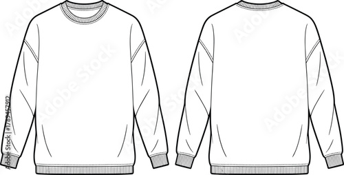 Technical flat sketch of unisex crew neck sweatshirt with ribbed cuffs and hem, fashion CAD vector clothing design template