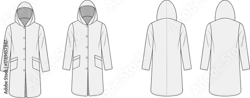 Technical flat sketch of long hooded coat with button closure and pockets, fashion design CAD clothing vector template illustration