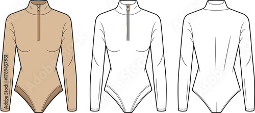Technical flat sketch of women long sleeve bodysuit with front zipper and mock neck, fashion CAD vector template