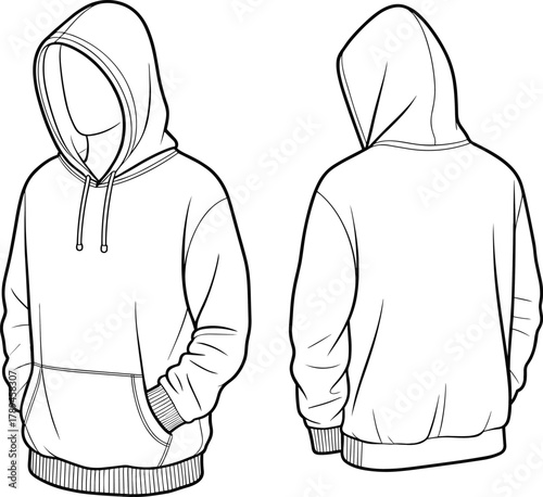 Hooded sweatshirt front and back technical flat sketch with ribbed cuffs, drawstring hood, kangaroo pocket, detailed fashion vector illustration template