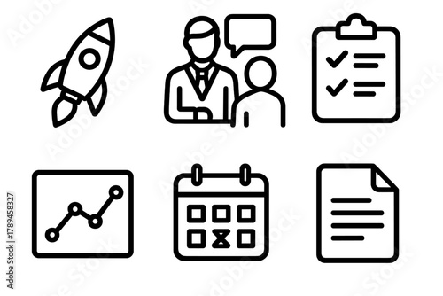 Startup Mentorship Icons. Startup mentorship linear icon set: rocket, mentor and mentee figures, clipboard, chart line, calendar, document.