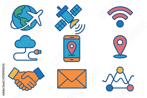 Tech Icons Ensemble. Global Connection flat icons: globe, airplane, satellite, Wi-Fi, cable, cloud, phone, map pin, handshake, email, data wave, network grid.