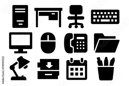 Brutalist Office Icons. Office Workstation silhouette icon set: computer, desk, chair, keyboard, mouse, monitor, phone, file folder, lamp, document tray, calendar, pen cup. , .