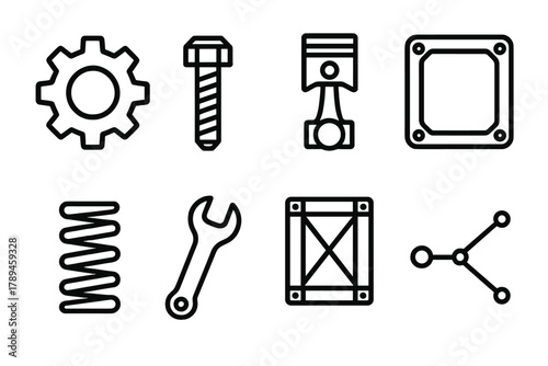 Mechanical Icons Blueprint. Mechanical Structure linear icon set: gear system, bolt, piston, beam, frame, spring, wrench, diagram.
