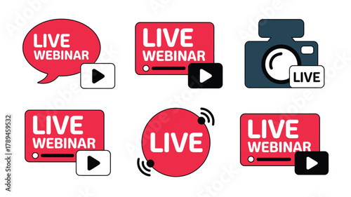 Illustration Featuring Live Webinar and Live Video Icons in Various Shapes on White Background