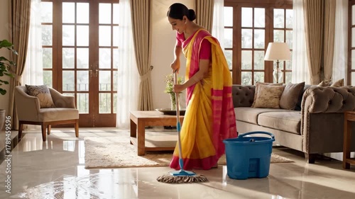 Happy Indian Woman Mopping Home. Housewife concept.