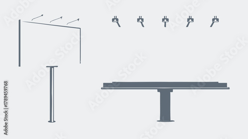 Illustration of Outdoor Furniture Set with Table, Sign, and Lights Against Neutral Background