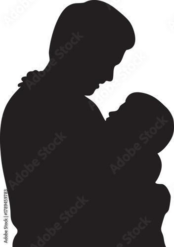 Silhouette depicts a father affectionately cradling and gazing at his newborn child with a transparent background