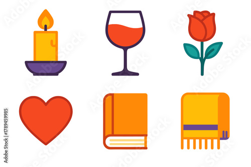 Modern Romantic Icons. Romantic Candlelight flat icons: Candle, Wine Glass, Rose, Heart, Book, Blanket.