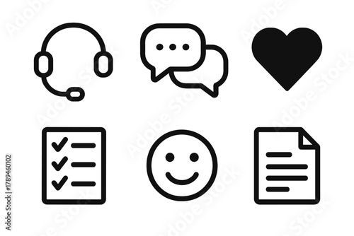 Customer Service Icons. Customer service recovery linear icon set: headset, chat bubbles, heart, checklist, smile icon, document.