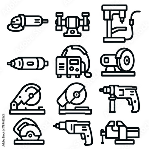 Metalworking Icons Collection. Metalworking Power Tools linear icon set: angle grinder, bench grinder, drill press, welding torch, rotary tool, plasma cutter, belt sander,