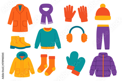 Minimal Winter Fashion Icons. Winter Outfit flat icons: coat, scarf, gloves, beanie, boots, sweater, earmuffs, wool pants, parka, thermal socks, mittens, puffer jacket.