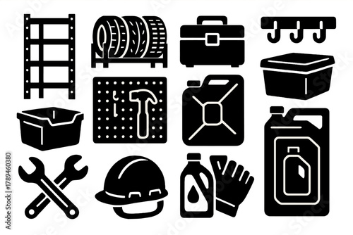 Garage Storage Icons. Garage Storage Rack silhouette icon set: metal rack, tire shelf, toolbox, hooks, storage bin, pegboard, container, canister, wrench, helmet, oil bottle,