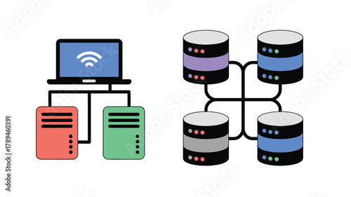 Laptop Connected to Servers and Databases with Network Diagram on White Background Illustration