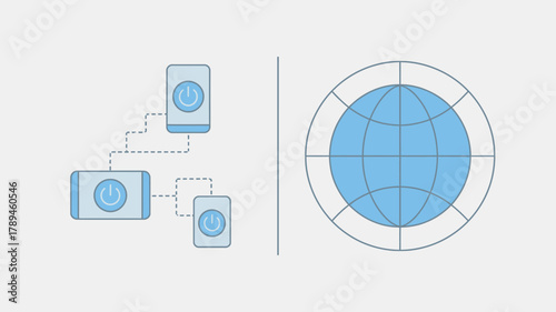 Light Blue Network Connection Diagram with Devices and a Globe with Meridians and Parallels
