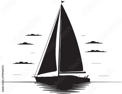 Silhouette of a sailboat gliding across a calm sea with scattered clouds visible above
