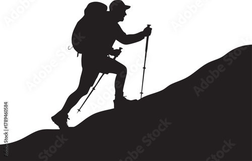 Silhouette of an active man hiking up a steep mountain with trekking poles with transparent background