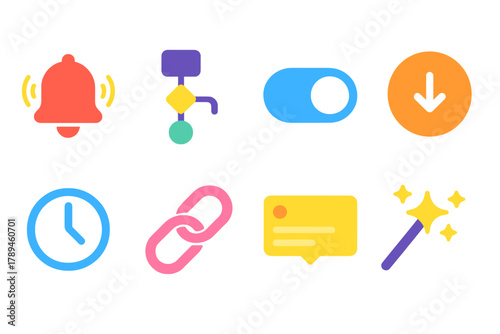 Vibrant System Triggers. System Triggers flat icons: bell alert, condition rule, toggle switch, action button, clock timer, chain link, notification popup, automation wand.