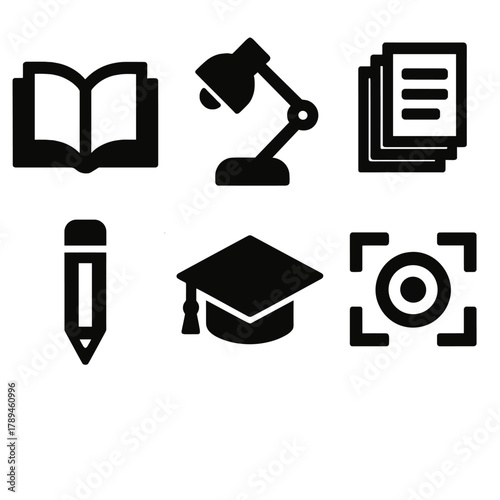 Bold Academic Icons. Academic Discipline silhouette icon set: open book, study lamp, notes stack, pencil, graduation cap, focus symbol.