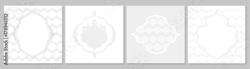 A set of 4 minimalist white vector backgrounds, tags, with Islamic arches. Perfect tags for Islamic holidays and social media. With space for text.