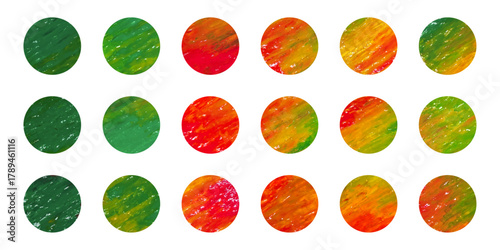 美しい赤と緑のクリスマスカラーの絵の具で描かれた丸・円形のテクスチャ素材　コラージュ、背景用のベクターイラストセット