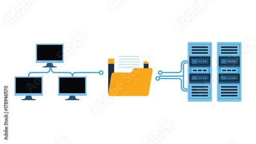 Network Diagram Depicting Data Transfer from Computers Through Folder to Servers on White Background