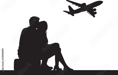 Silhouette shows a couple kissing while sitting on luggage watching plane take off on transparent background