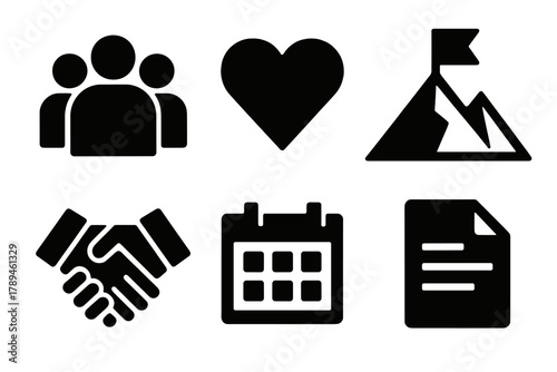 Team Spirit Icons. Team spirit silhouette icon set: group of people, heart, handshake, flag on mountain, calendar, document.