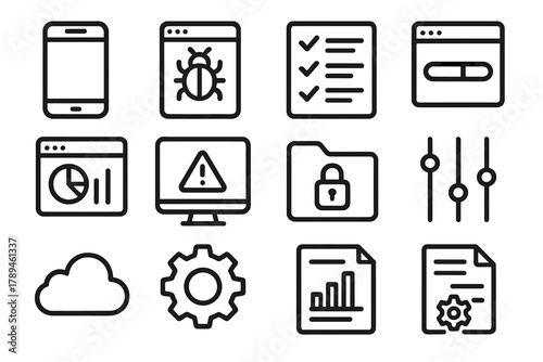 App Testing Icons. Application Testing linear icon set: smartphone screen, app window, bug symbol, test checklist, progress bar, dashboard panel, alert monitor, secure folder, data