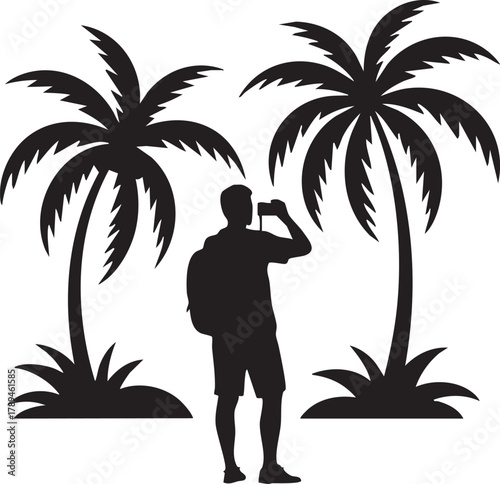 Silhouette traveler photographs tropical palms; capturing memories against a transparent background