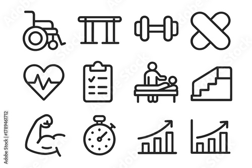 Therapy Icon Set. Rehabilitation Therapy linear icon set: wheelchair, parallel bars, dumbbell, exercise band, heart pulse, clipboard, physiotherapist, recovery bed, stairs, muscle