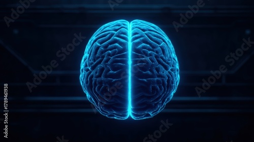 A glowing blue brain illustration, symbolizing intelligence, technology, or neuroscience in a futuristic design.