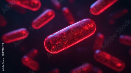 A digital illustration of red, glowing bacteria against a dark background, showcasing an abstract representation of microbiology.